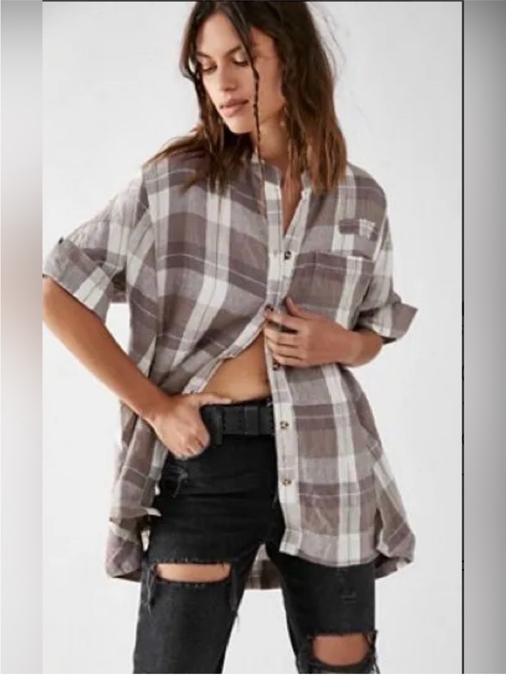 Free People We The Free Summer Serenade Plaid Linen Button Down Top